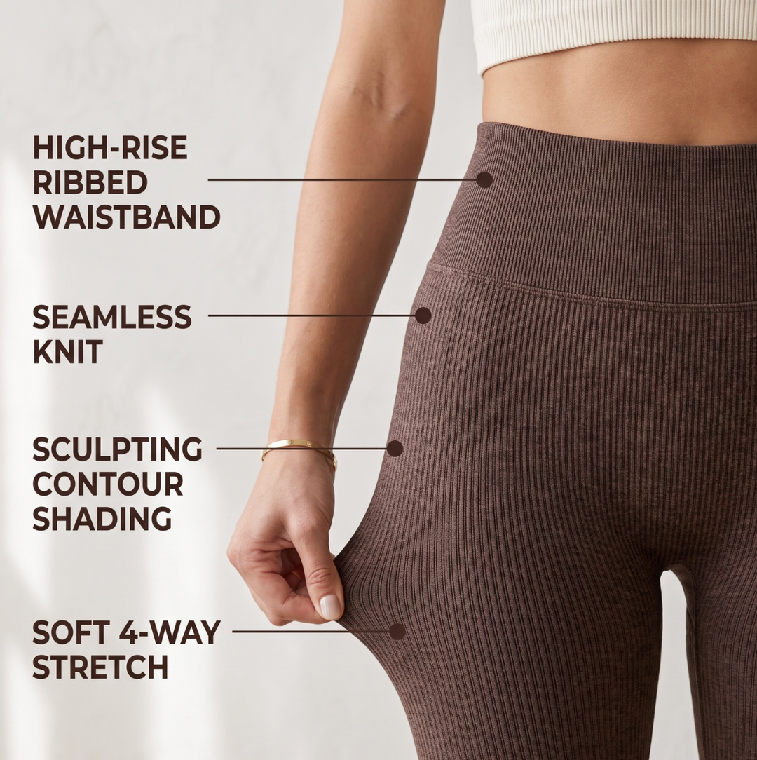 Close-up illustrating ribbed high waist and contour detailing