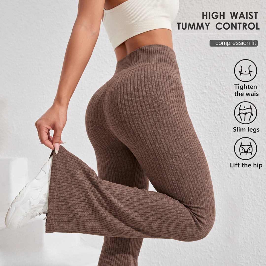 Model demonstrates ribbed leggings fabric stretch